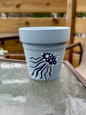 Hand-Painted 4” Light Blue Jellyfish Flower Terracotta Pot Plant Enthusiast Gift